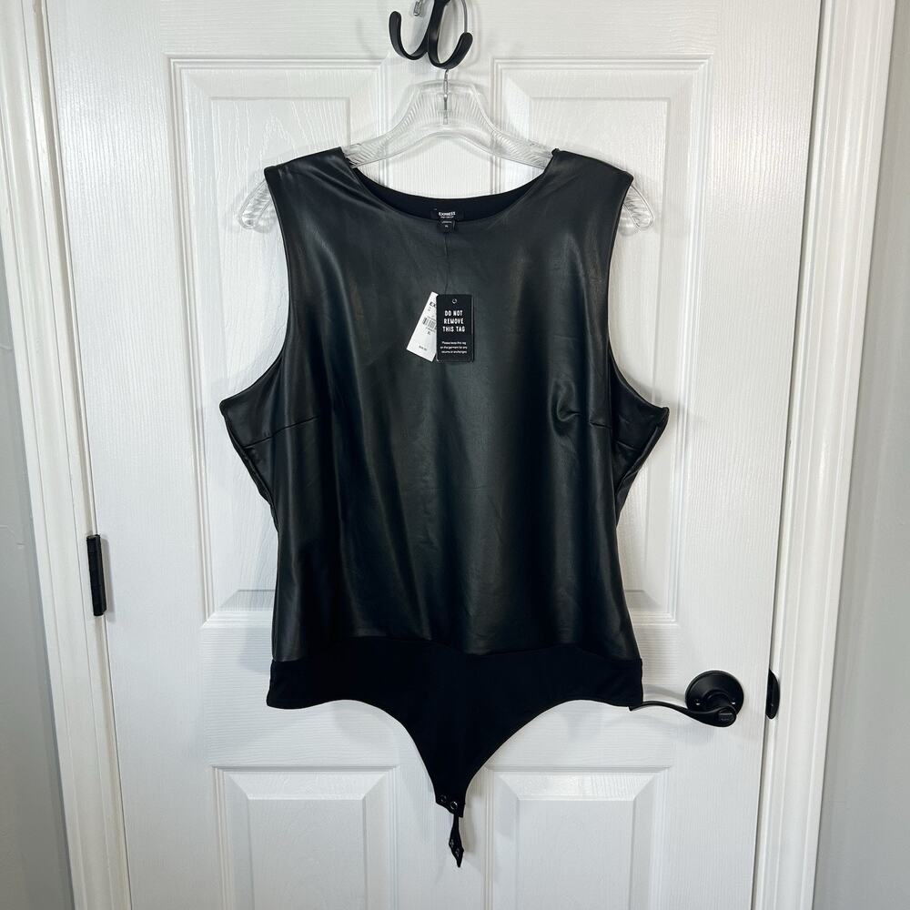 Express Body Contour Black Faux Leather Sleeveless Bodysuit Women’s Size XL NWT